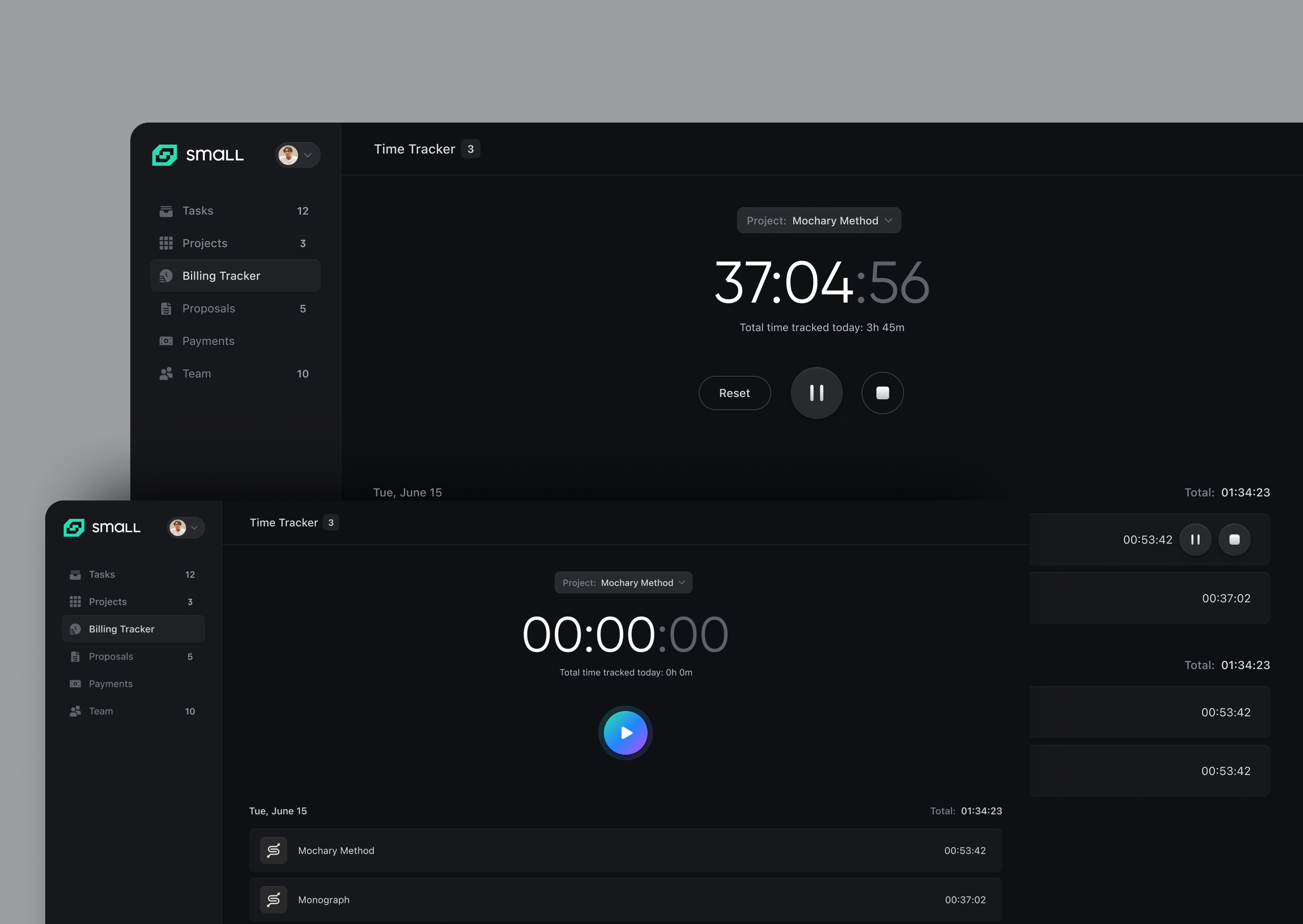 Small Dashboard - Billing tracker agency billing dark dark mode dark theme dashboard date freelance hours minimal project management small time management time tracker tracker