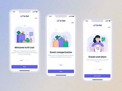 Onboarding Screens B-LIST — Shopping List Mobile App | UX/UI app design figma food get started illustration ios ios app mobile mobile app mobile design mobile inllustration mobile interface onboarding onboarding mobile shooping list shopping store ui ux