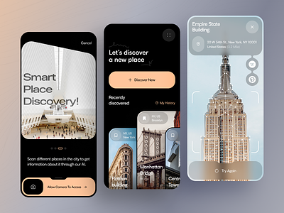 Smart Place Discovery App adventure artificial intelligence camera search discovery explore ios journey lens map media app mobile app navigation photo route saas smart search tourism travel ui ux vr