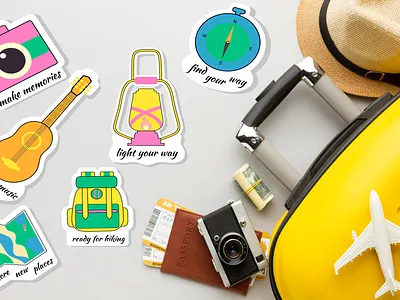 Hiking stickers in Y2K style atlas backpacking camera compass globe guitar hiking lantern light map music plan stickers suitscase travel trek trekking trip y2k