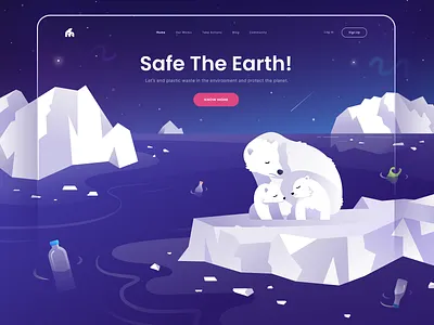Safe The Earth Landing Page arctic color design desktop digital art earth gradient ice illustration landing page ocean plastic pollar bear pollution sea ui vector waste website