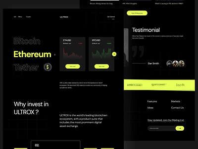 ULTROX - A Crypto Trading Platform animation bitcoin blockchain coins cryptocurrency cryptomarket darkmodedesign figma finance landingdesign minimal nft prototype swap trade web