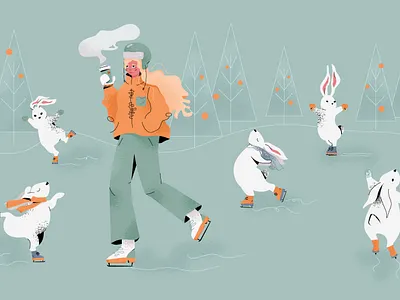 Winter coffee adobe illustration girl ice skating illustration illustrator new year rabbit vector winter
