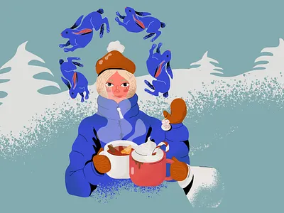 Winter adobe illustration cute girl hot chocolate illustration illustration portrait girl illustrator mulled wine rabbit vector