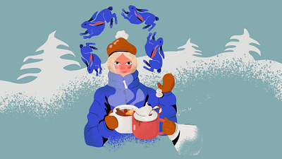 Winter adobe illustration cute girl hot chocolate illustration illustration portrait girl illustrator mulled wine rabbit vector