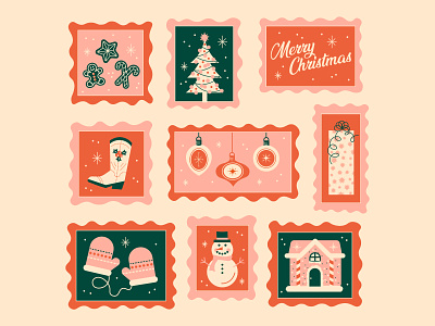 Happy Christmas Mail boots christmas cookies holiday illustration mail mittens pattern retro snowman stamps