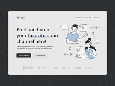 Reedio : Radio Landing Hero Section app black gray hero section illustration landing page monochrome music podcast radio ui ux design website design