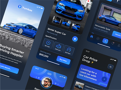 Tumbas - Car Shop Mobile App app application auto automotive blue car dark design market place minimalist mobile app modern online shop store theme ui uidesign ux