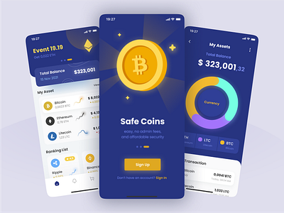 Crypto Currency App app application asset bitcoin crypto currency design digital mobile app online purple trade trading ui uidesign user experience user interface ux wallet yellow