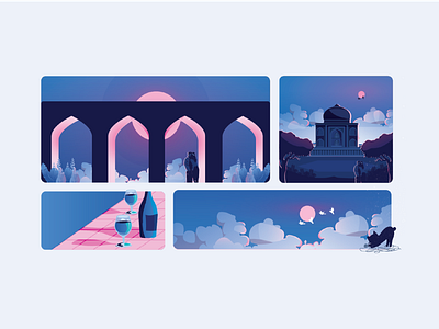 Vector postcards alcohol blue cat clouds design drinks graphic design illustration monuments parks pink postcards sky ui vector vector art
