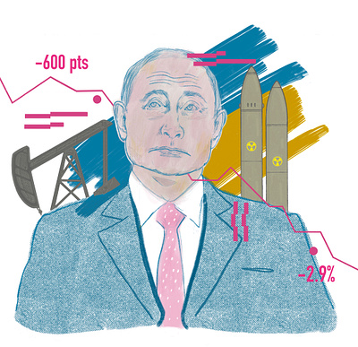 Putin Editorial Illustration collage current events design drawing editorial illustration magazine missile new york times news newspaper nytimes oil putin russia stock market texture ukraine vladimir putin war