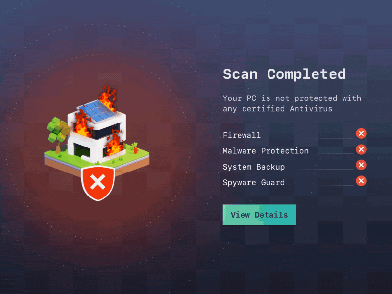 Optimization app - PC scan window 3d after effect animation app blender boost building cybersecurity error fire firewall flame house motion graphics progress sacanning shield soft spinner weightlessness