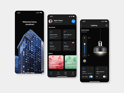 Smart Home - App Design app dark theme design graphic design home automation illumination mobile app remote control smart device smart home ui ux