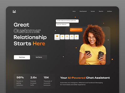 ChatBot - Landing Page ai ai chatbot app chat app chat bot chatbot chatbot website customer service dark app dark ui design hero section home page inspiration landing page social ui uiux web design website