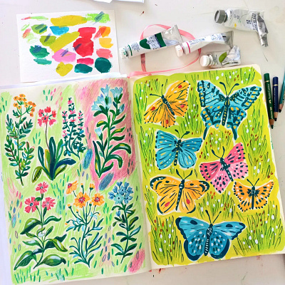 Butterflies and Wildflowers art butterflies drawing flowers gouache hand drawn illustration painting patteen design sketchbook
