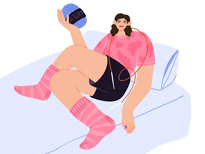 Obsessed by knitting character characterillustration cozy craft create crochet cute flat girl hobby holydays illustration knitting needles obsessed pink procreate socks wool yarn