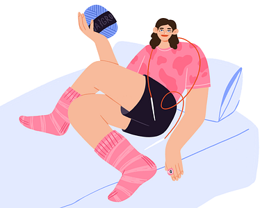 Obsessed by knitting character characterillustration cozy craft create crochet cute flat girl hobby holydays illustration knitting needles obsessed pink procreate socks wool yarn