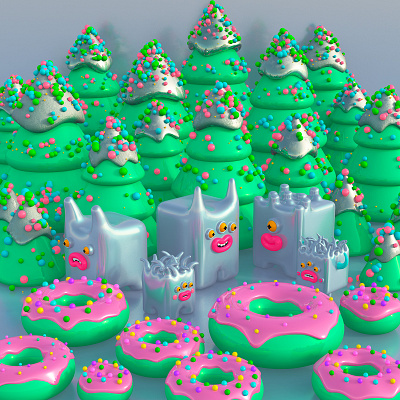 Christmas Donut 3d 3d art cat character design christmas trees creatures donuts illustration little cute monsters monsters pink