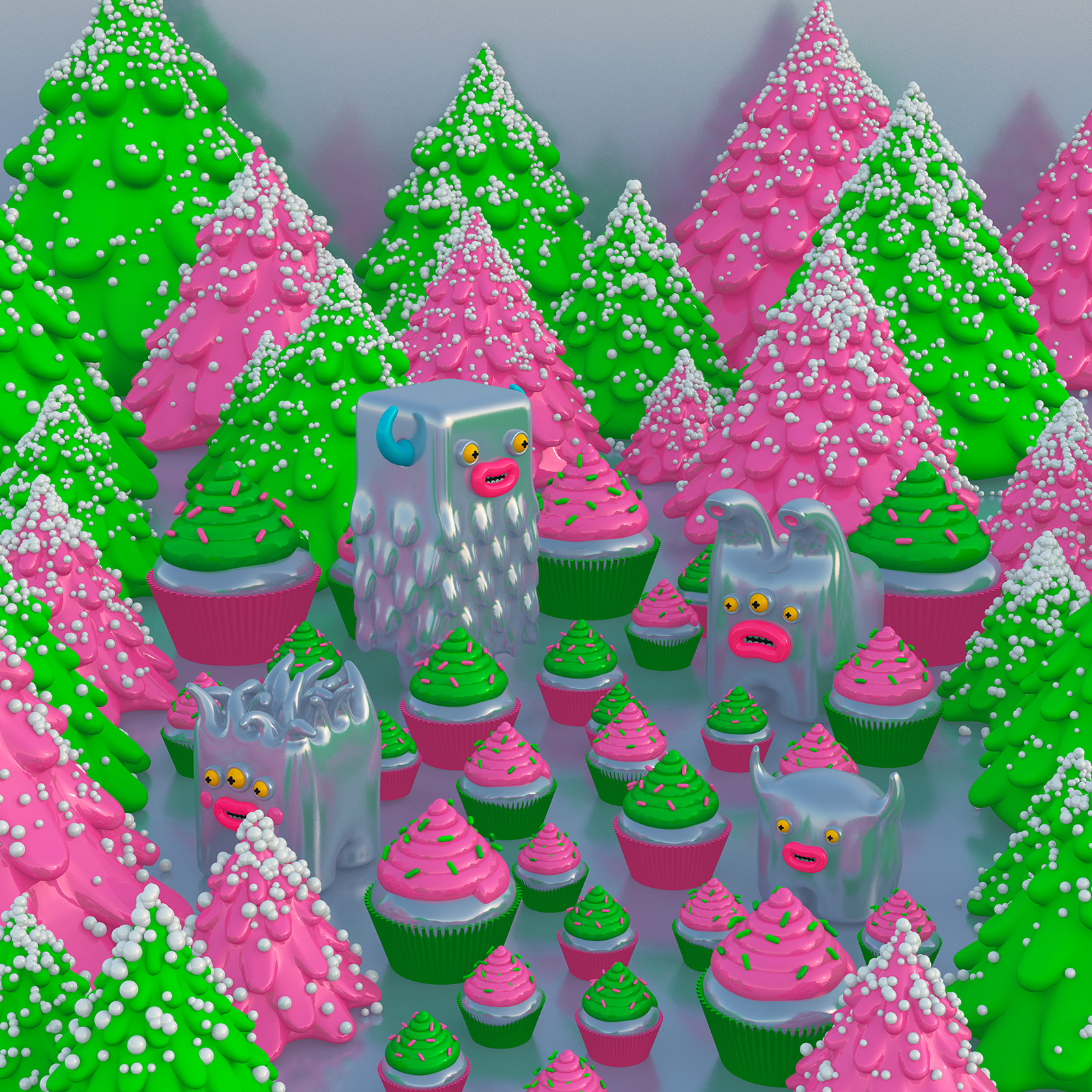 Christmas Cupcake Sugary Trees 3d 3d art 3d monsters character design christmas trees cupcakes illustration little cute monsters monsters
