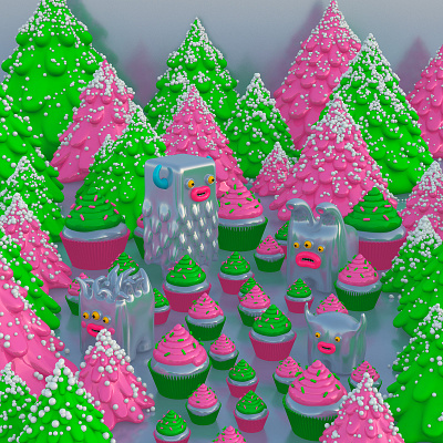 Christmas Cupcake Sugary Trees 3d 3d art 3d monsters character design christmas trees cupcakes illustration little cute monsters monsters