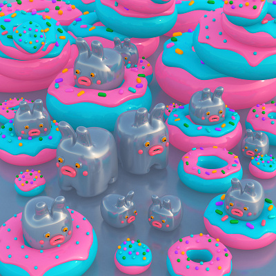 Bunnies Love Donuts 3d 3d art 3d illustration 3d monsters bunnies character design donuts illustration little cute monsters monsters