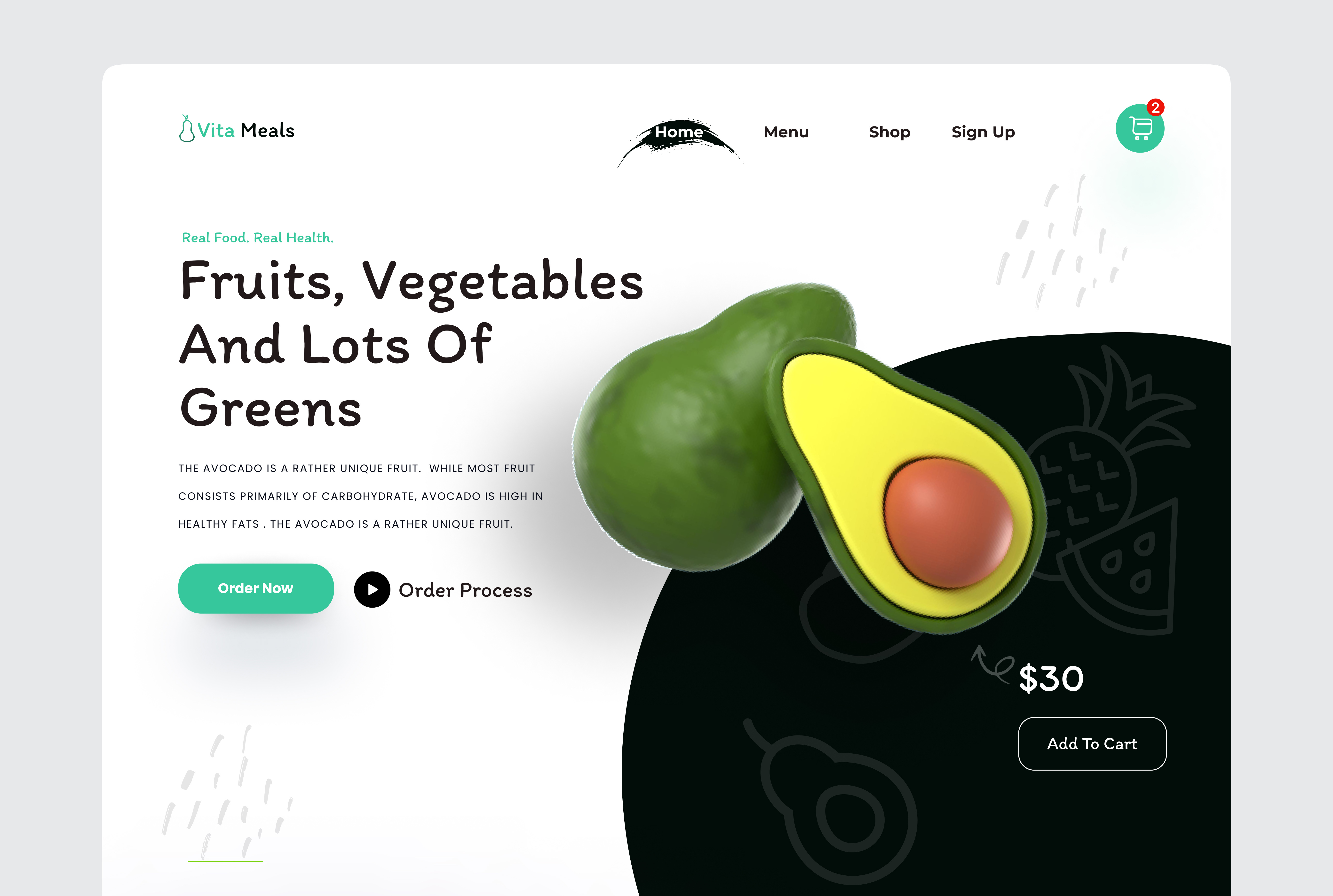 Vita Meals- Webpage design branding burger cooking eat food food and drink food delivery service fruit landing page market online market online shop sale ui uiux user interface ux web web design website