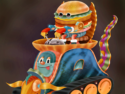 "Burger Boy Tank" aerograph airbrush art cartoon children illustration color pencil design digital painting draw dream fantasy food graphic design hamburger illustration nft thomas auvin toy vehicule water ink
