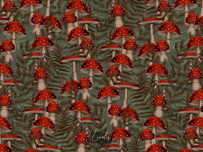 MIRACLE FOREST - patterns & motifs botanical design drawing fabric design fashion fern fly agaric graphic design hand drawn illustration mushrooms pattern pattern design plants retro seamless pattern surface design textile design vintage wallpaper