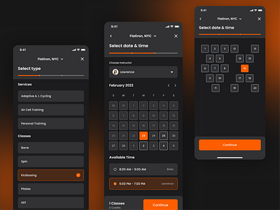 Fitness mobile app – Booking flow booking dark theme date picker design figma fitness ios app place selection product design time slot ui