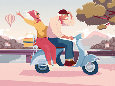 Born to be wild couple elder freedom illustration italy lake moped motorbike old picnic retired road switzerland vacation vespa