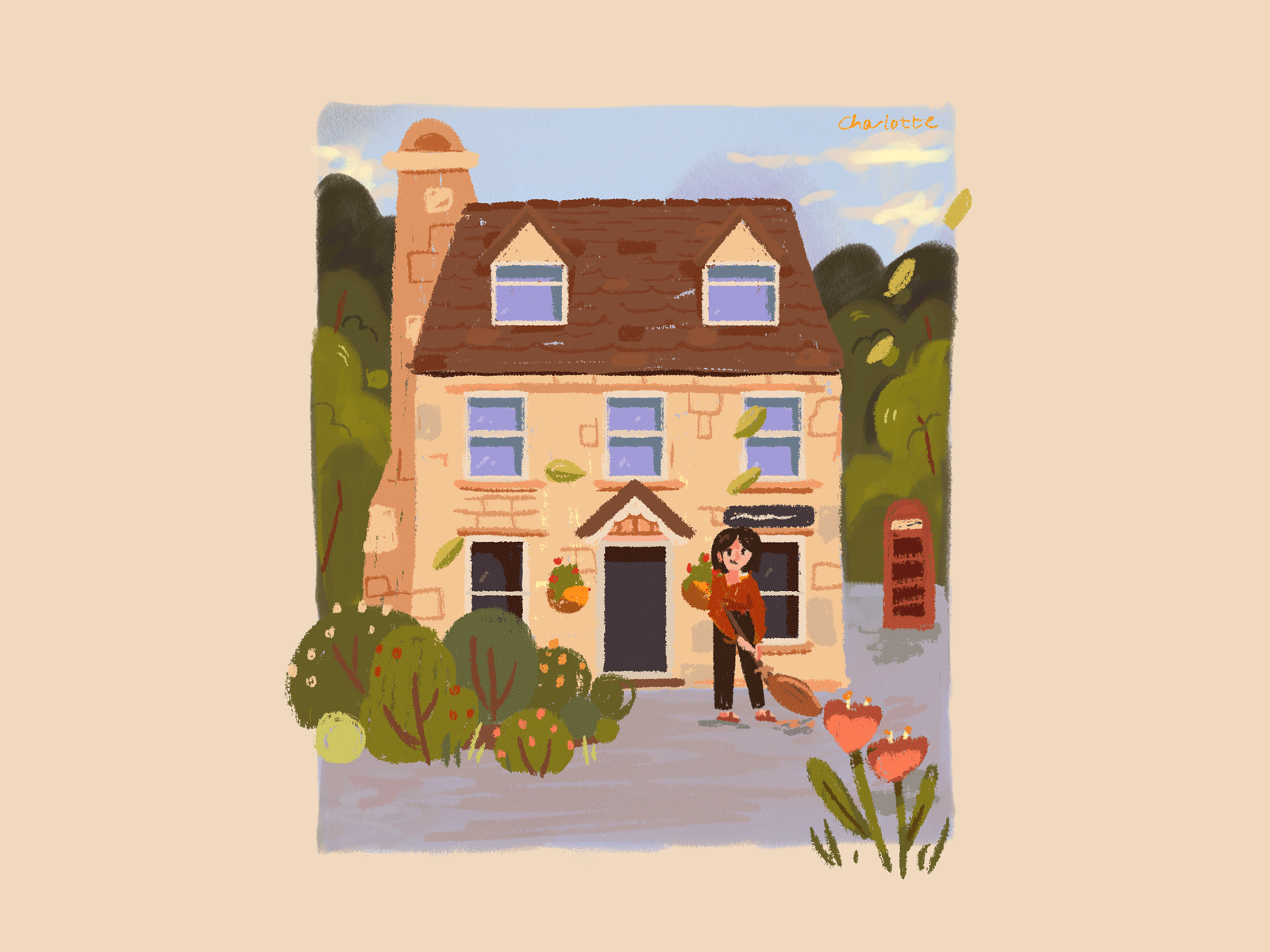 Animation: Saturday Morning Cleaning in the Cotswolds animation architecture childrens cottage cream cute garden home house illustration motion graphics photoshop rustic storybook summer tree victorian