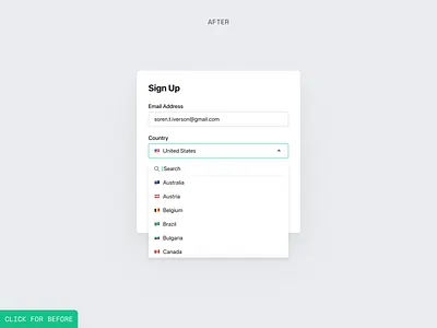 Country Picker | Before & After app design clean country picker country selector design digital emoji green minimal modal product design saas sign up simple ui ui design ux design visual design web web app
