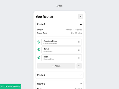 Routes Overview | Before & After app design clean dashboard design design desktop app digital dispatch software drag to reorder flat green input field location pin minimal minimalist product design saas simple ui web