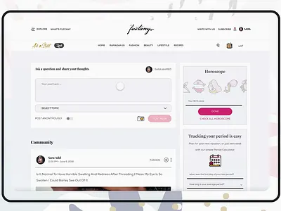 Fustany Fashion and Lifestyle Website - Community animation community dark ui design ecommerce facebook fashion website feed female website free ui kit fustany george samuel illustration interaction landing page logo post purple scroll stylist