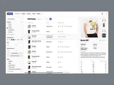 CRM — Product Details admin app catalog crm customer relationship manager details drawer filter goods interface minimal order product saas sales statistic stock table web