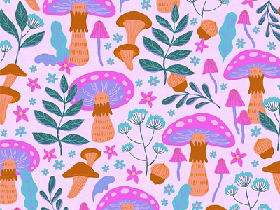 Funky Fungi art art licensing artwork digital art digital illustration digital painting fungi illustration kids art kids illustration mushroom pattern design repeat pattern surface design surface pattern vector art