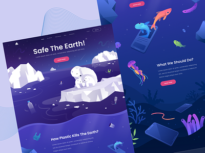 Safe The Earth Landing Page 02 arctic cable color design devices fishes gradient ice illustration landing page ocean plastic pollar bear pollution ui vector waste website
