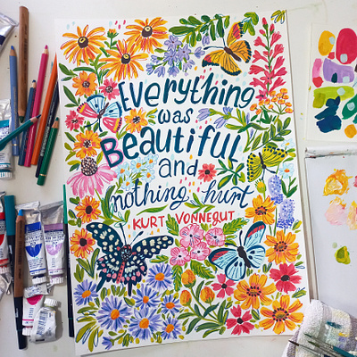 Flowers and Letters art butterflies drawing flowers gouache hand drawn hand lettering illustration painting quote typography design