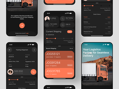 Delivery Logistics App app cargo clean courier dark delivery delivery app design freight logistic logistics mobile shipment shipping track tracking transport transportation trucking ui