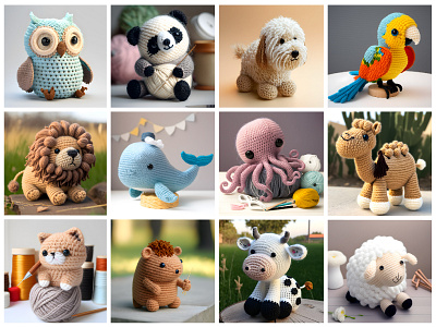 Crocheted Animals Amigurumi AI ai amigurumi animal artificial intelligence cat crocheted crocheted toy generative generative ai handmade illustration knit midjourney octopus owl panda pet whale yarn zoo