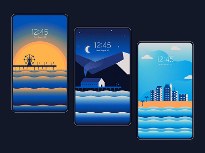 Cityscapes alaska beach city clouds gradient illustration merry go round mountains ocean pier sea sky skyscraper summer sunrise sunset vector winter