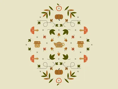 Autumn is almost here! acorns apple autumn cozy fall holiday illustration jam jar jelly kitchen leaves mushrooms outdoors pie pumpkin symmetry tea teapot thanksgiving