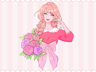 Peonies - ART anime art character character art character creation digital art flowers girl graphic design illustration peonies photoshop pink smile sweet
