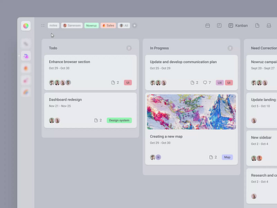 Task Management - Sidebar Interaction animation board card dashboard gray grey interaction kanban saas microsoft emoji minimal motion placeholder side menu sidebar task team management ui unicorn ux web design