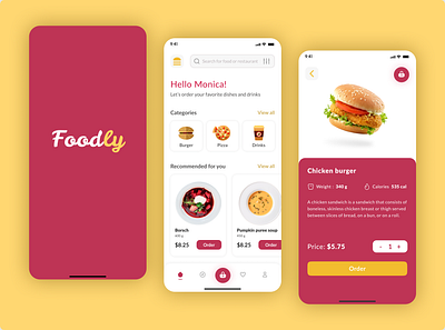 Foodly - food delivery app be3455 branding delivery dishes food food order logo magentaverse mobile app ui viva magenta