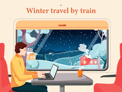 Vector illustration about winter travel business cartoony comfortable design graphic design illustration journey landscape laptop lifestyle nature passenger snow tourism train travel vector window winter work