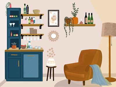 Home bar beautiful cozy design house illustration lamp
