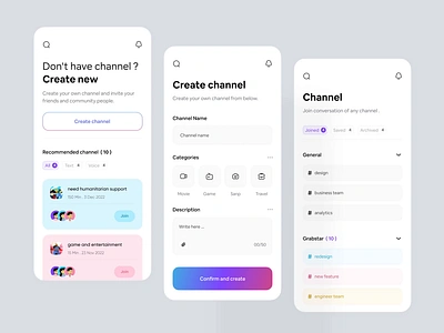 Social Chatting App app design audio channel card channel chattbot chatting clean design communication community conversation dropdown inbox messaging minimal design platform prototype saas social media social networking text channel