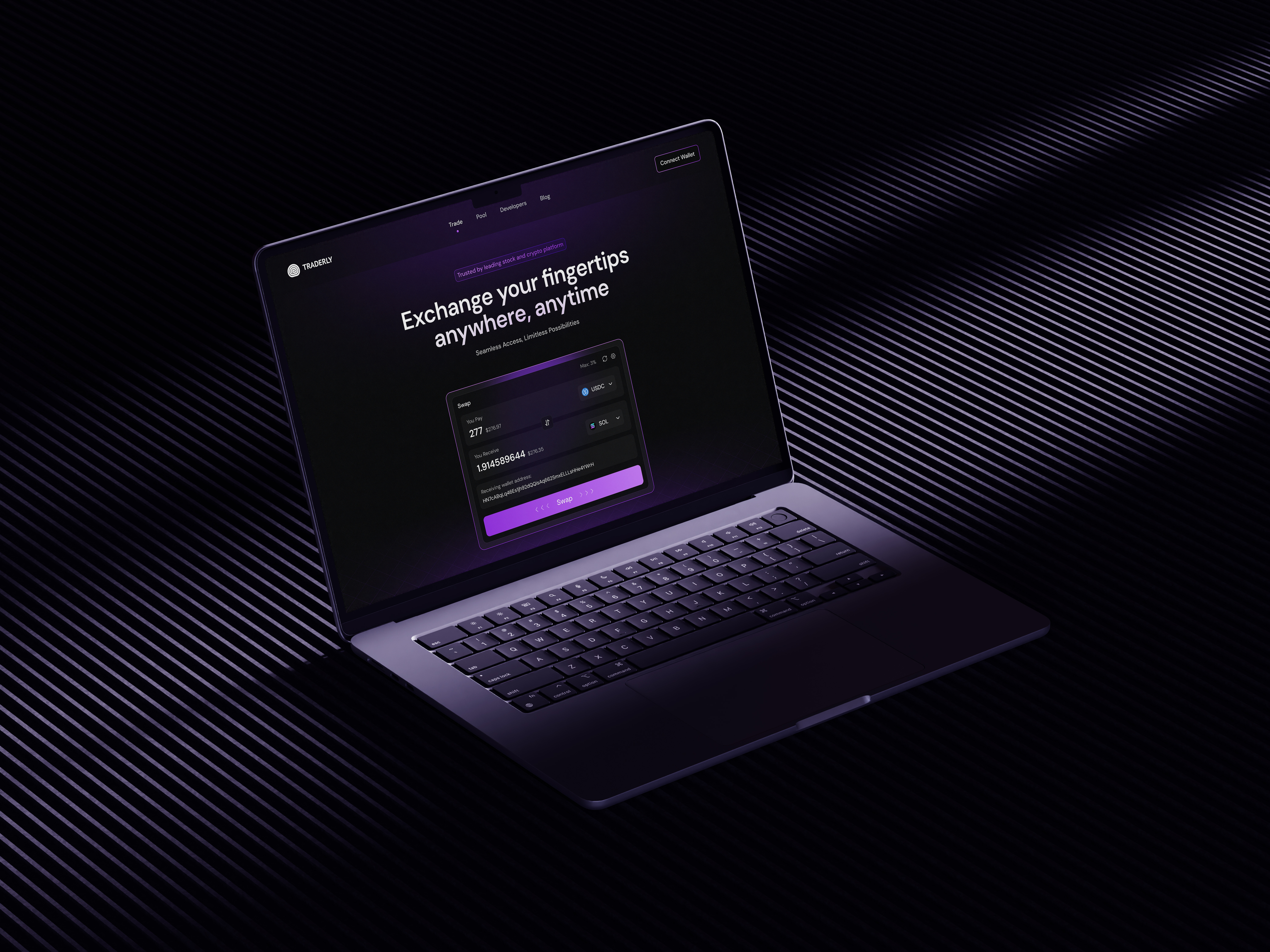 Traderly-Crypto Swap Platform banking blockchain crypto crypto swap cryptocurrency dark mode defi website difi fintech landing page solana swap token trading uniswap wallet web design web3