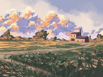 A cloudy afternoon clouds colorful digital drawing illustration landscape